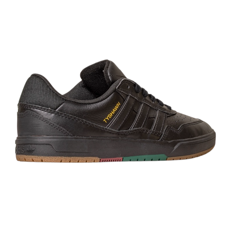 The Tyshawn 2 II Adidas Skateboarding Shoes feature a black leather and mesh upper, gold TYSHWN text, black laces, and a multicolored sole with green, gum, and red accents for classic skate style.