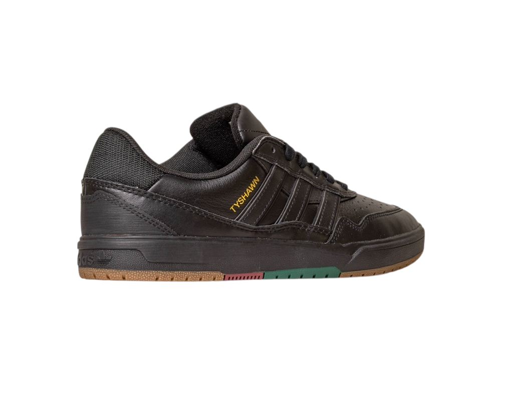 The Tyshawn 2 II Adidas Skateboarding Shoes feature a black leather and mesh upper, gold TYSHWN text, black laces, and a multicolored sole with green, gum, and red accents for classic skate style.