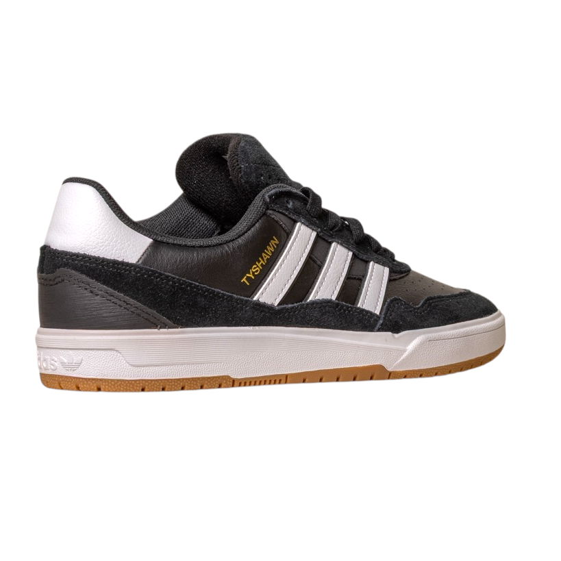 The JI 0846 Black White Gum Tyshawn 2 II Adidas Skateboarding Shoe features black leather and suede, three white stripes, gold "TYSHAWN" text, black laces, and a light brown gum sole, shown against a white background.