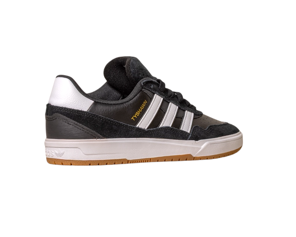 The JI 0846 Black White Gum Tyshawn 2 II Adidas Skateboarding Shoe features black leather and suede, three white stripes, gold "TYSHAWN" text, black laces, and a light brown gum sole, shown against a white background.