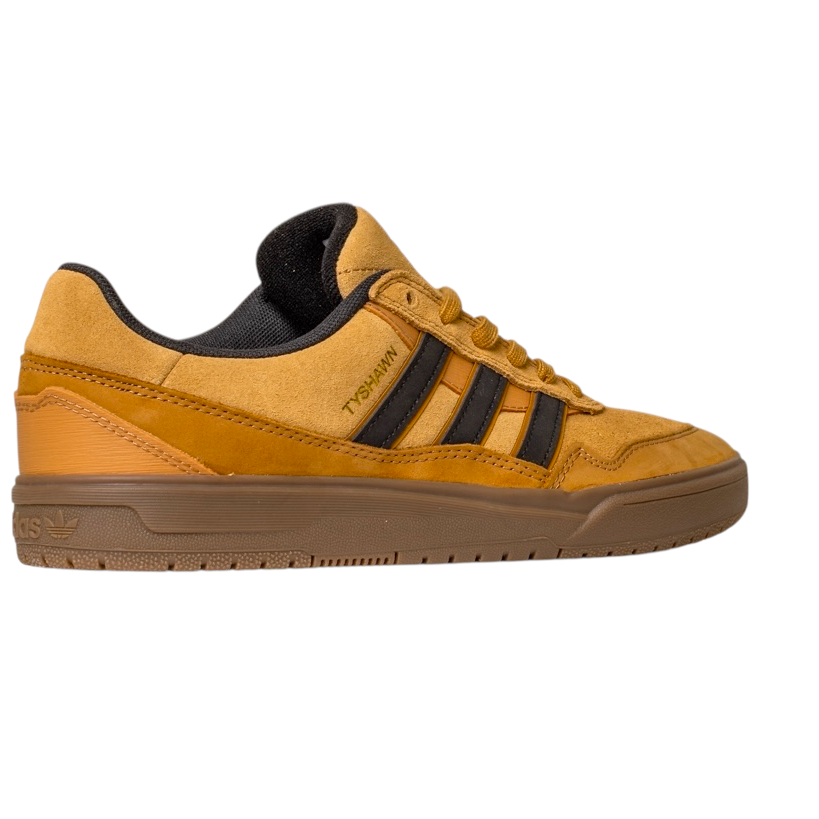 The JI0851 Mesa Black Gum Tyshawn 2 Adidas Leather Suede Skateboarding Shoe features tan and brown suede, black stripes, a gum rubber cupsole, and "TYSHAWN" in gold on the side, shown here against a plain white background.