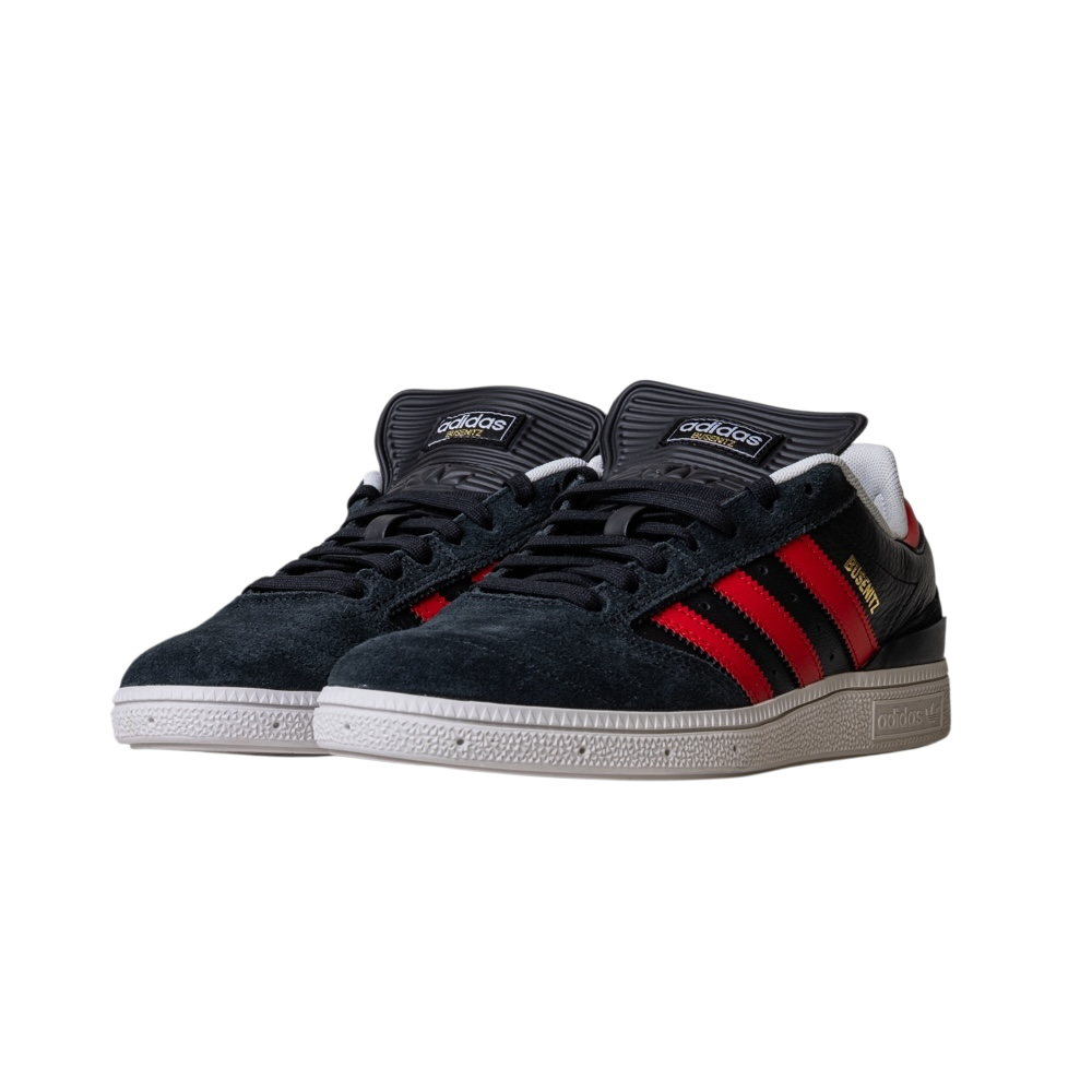 The JH8606 Black Betsc Busenitz Adidas Skateboarding Suede Shoes feature dark suede uppers, red side stripes, and white rubber soles, shown at a slight angle on a plain white background.