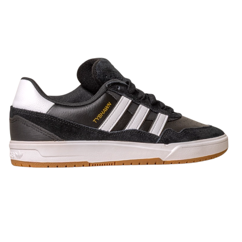 The JI 0846 Black White Gum Tyshawn 2 II Adidas Skateboarding Shoes feature black and white premium leather suede, three white stripes, gold TYSHAWN text, black laces, and a tan rubber sole, shown in side profile on a white background.