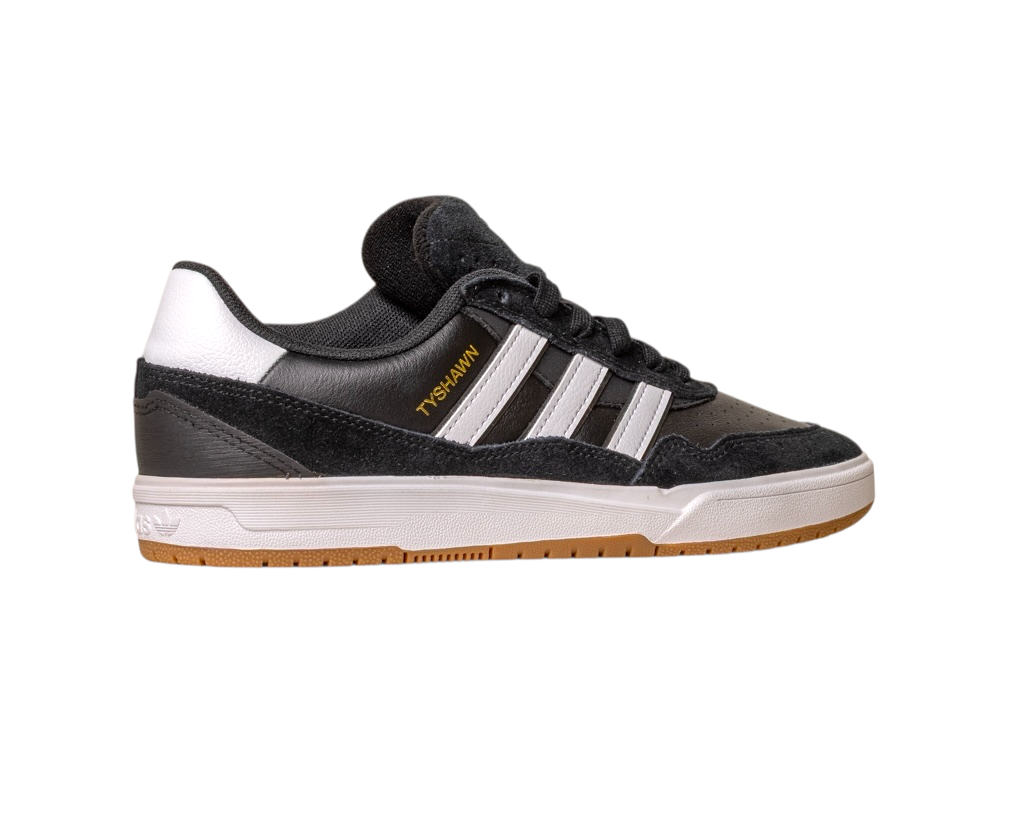The JI 0846 Black White Gum Tyshawn 2 II Adidas Skateboarding Shoes feature black and white premium leather suede, three white stripes, gold TYSHAWN text, black laces, and a tan rubber sole, shown in side profile on a white background.