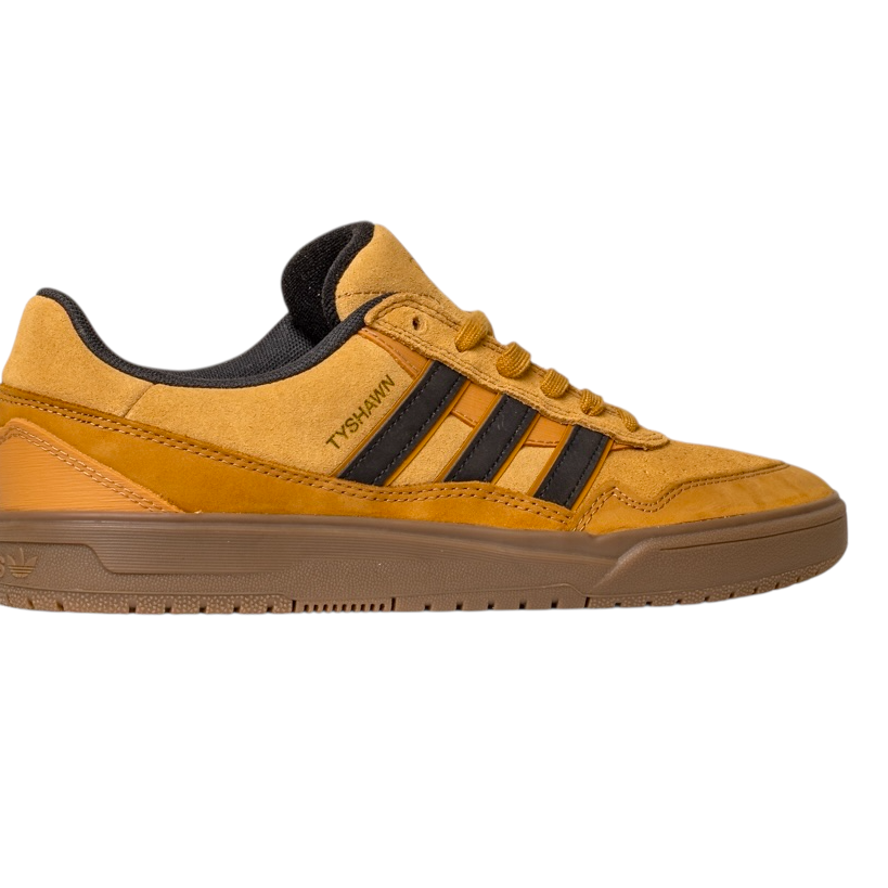 The JI0851 Mesa Black Gum Tyshawn 2 II Adidas Leather Suede Skateboarding Shoes feature mustard yellow with black stripes, brown accents, and a brown gum cupsole, displayed in side profile on a white background.