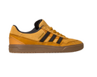 The JI0851 Mesa Black Gum Tyshawn 2 II Adidas Leather Suede Skateboarding Shoes feature mustard yellow with black stripes, brown accents, and a brown gum cupsole, displayed in side profile on a white background.