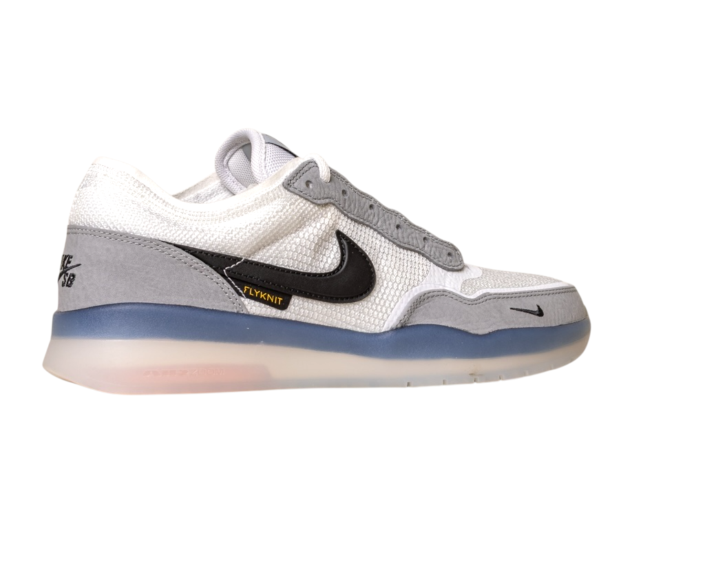 The FV8493004 Grey White PS8 Nike SB Leather Knit Shoes feature a white and gray design with a black swoosh, mesh upper, “FLYKNIT” label, semi-translucent blue-tinted sole, and durable HART outsole, shown against a white background.