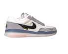 The FV8493004 Grey White PS8 Nike SB Leather Knit Shoes feature a white and gray design with a black swoosh, mesh upper, “FLYKNIT” label, semi-translucent blue-tinted sole, and durable HART outsole, shown against a white background.
