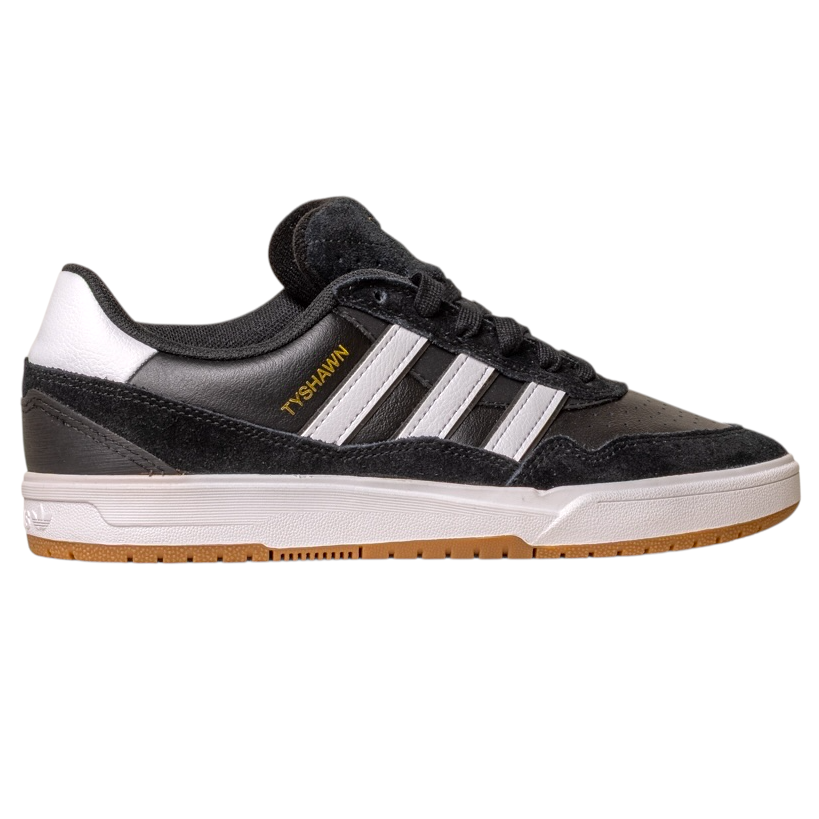 The JI 0846 Black White Gum Tyshawn 2 II Adidas Skateboarding Shoes feature premium leather suede in black and white, gold "Tyshawn" lettering, white stripes and midsole, plus a gum rubber sole. Shown side view on a white background.