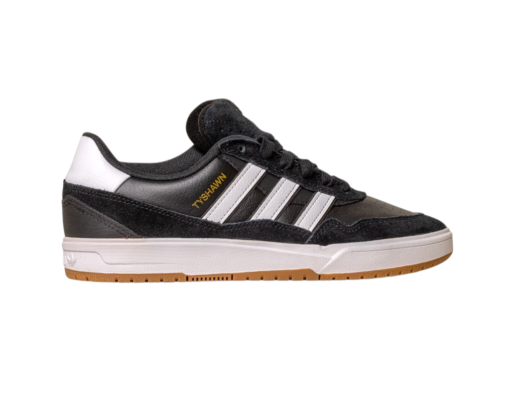 The JI 0846 Black White Gum Tyshawn 2 II Adidas Skateboarding Shoes feature premium leather suede in black and white, gold "Tyshawn" lettering, white stripes and midsole, plus a gum rubber sole. Shown side view on a white background.