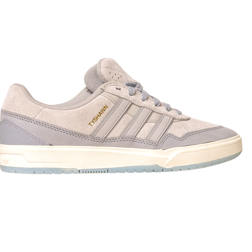 Introducing the JI0848 Granite White Tyshawn 2 II by Adidas Skateboarding—leather and suede skate shoes with a light gray look, cream midsole, light blue outsole, and gold TYSHAWN details for ultimate style on your board.