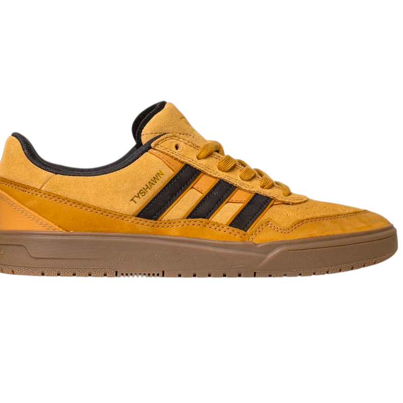 The JI0851 Mesa Black Gum Tyshawn 2 II Adidas skateboarding shoes feature a mustard yellow leather and suede low-top design with black stripes, a brown gum cupsole, and "TYSHAWN" in gold near the laces.