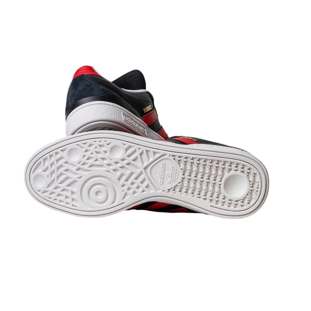 The JH8606 Black Betsc Busenitz Adidas Skateboarding Suede Shoes feature black, red, and white details, with side and bottom views highlighting the textured sole and logo against a white background.