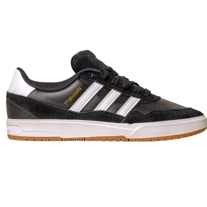 The JI 0846 Black White Gum Tyshawn 2 II Adidas Skateboarding Shoe features three white stripes, gold TYSHAWN text, black laces, a white and gum rubber sole, and premium leather suede, shown side view against a white background.