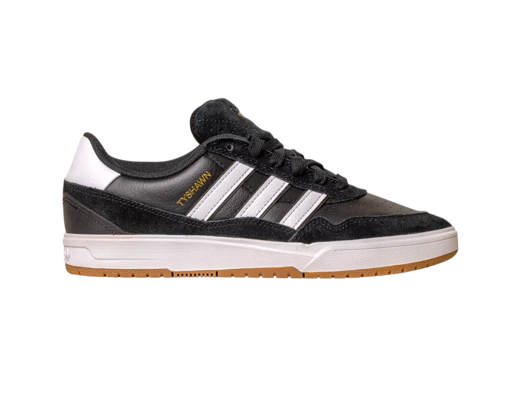 The JI 0846 Black White Gum Tyshawn 2 II Adidas Skateboarding Shoe features three white stripes, gold TYSHAWN text, black laces, a white and gum rubber sole, and premium leather suede, shown side view against a white background.