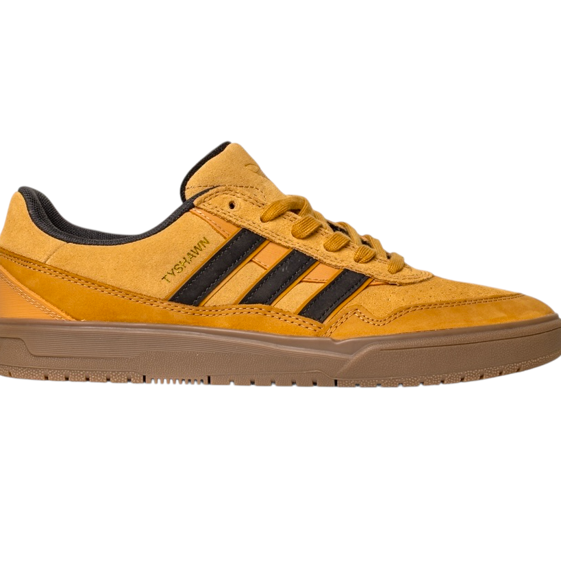 The JI0851 Mesa Black Gum Tyshawn 2 Adidas skateboarding shoe features mustard yellow suede and leather with black stripes, a brown sole, and black lining. Shown from the side on a white background.