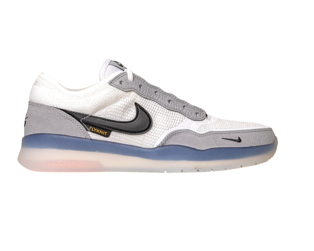 The FV8493004 Grey White PS8 Nike SB Leather Knit Shoes feature a white and gray knit and leather upper with a black swoosh, gray suede details, and a translucent blue HART outsole, displayed in side profile on a white background.