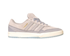 The JI0848 Granite White Tyshawn 2 II Adidas Skateboarding Shoes feature light grey suede and off-white leather, gold TECHAMAI lettering, three stripes, a white midsole, and a light blue outsole. Inspired by the Tyshawn II collection.