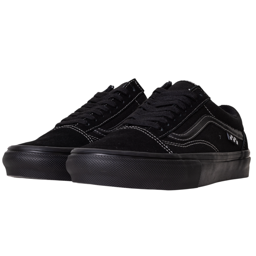 A pair of VN000EJ3174 Black Black Grey Skate Old Skool Vans Suede Skateboarding Shoes, featuring black soles, laces, and white stitching, displayed side by side on a white background—ideal for skateboarding in classic style.