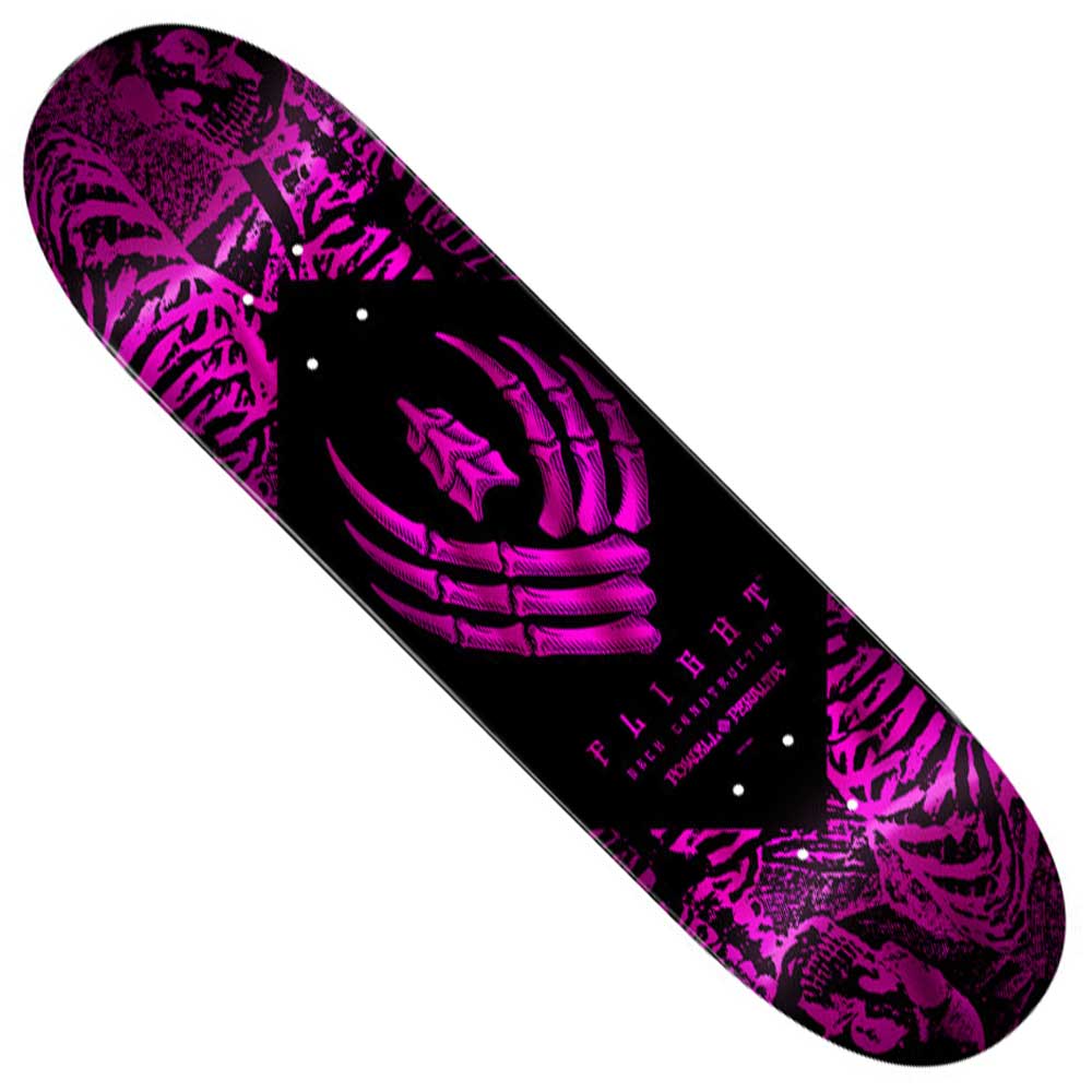 The Pink Foil Skeleton Flight Deck 8x31.3 by Powell Peralta features a pink foil skeleton hand and ribcage graphic on black, FLIGHT text near the center, and K26 concave for superior control.