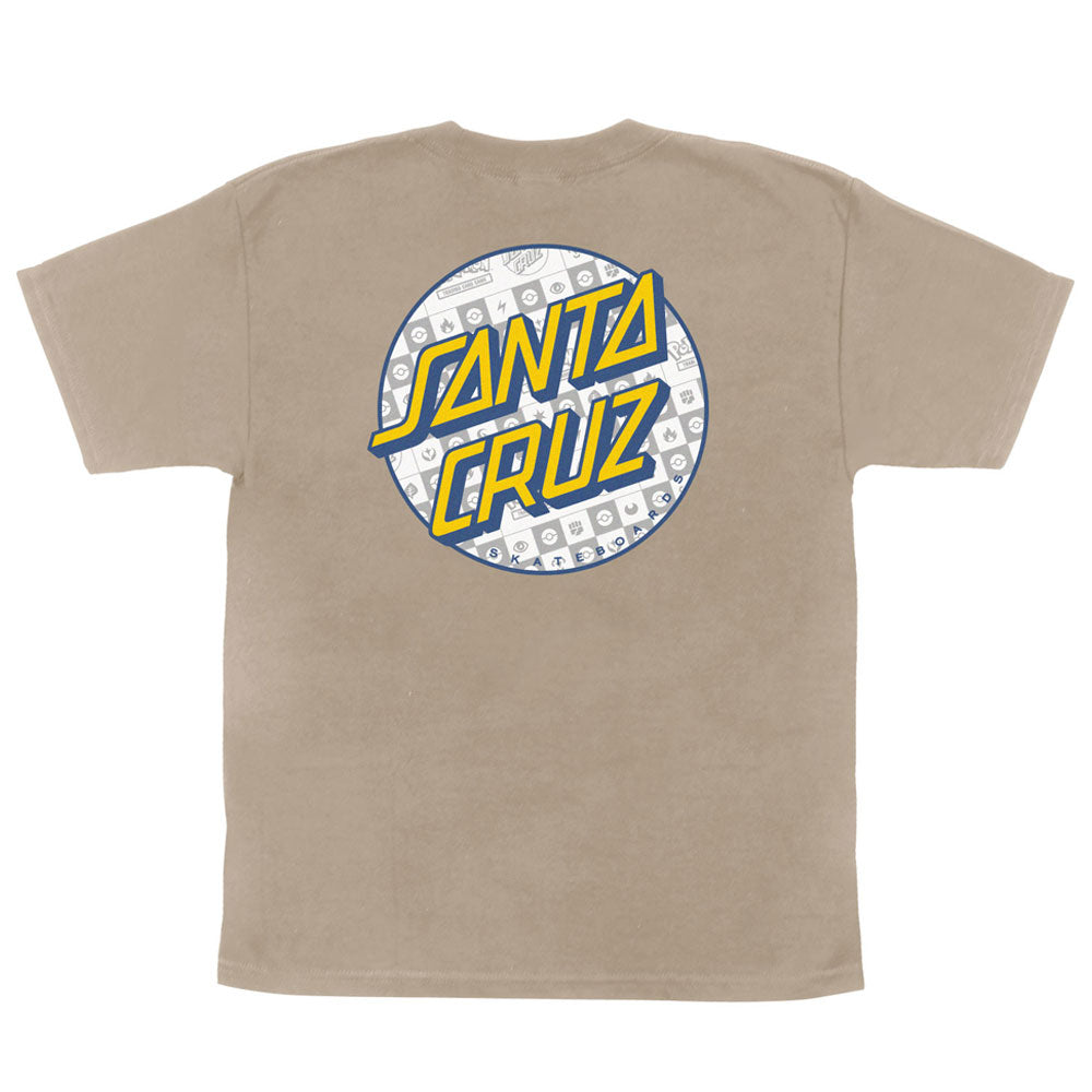 YOUTH Pokemon Energy Dot S/S Midweight T-Shirt Sand Youth Santa Cruz featuring a tan short-sleeved design with a large circular back graphic of yellow and blue Santa Cruz text surrounded by Pokémon energy symbols.
