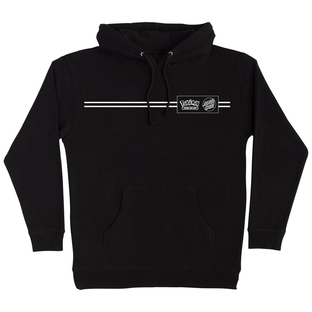 Black Pokemon Energy Dot Pullover Hooded Midweight Sweatshirt Santa Cruz featuring a horizontal white double-line graphic across the chest with a rectangular logo containing Pokémon branding and skateboard text.