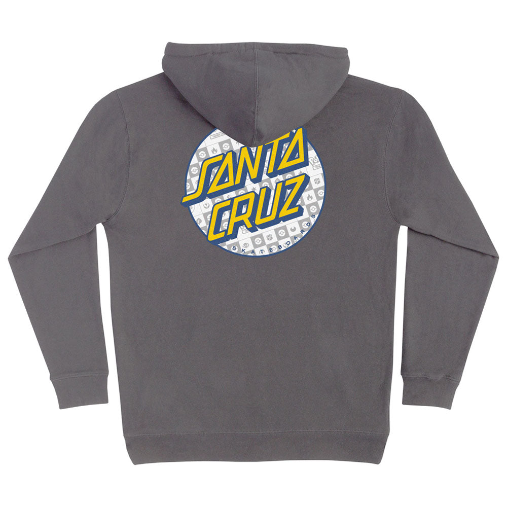 Charcoal gray Pokemon Energy Dot Pullover Hooded Midweight Sweatshirt Charcoal Santa Cruz featuring a circular logo on the back with yellow text and a repeating pattern of Pokémon energy symbols.