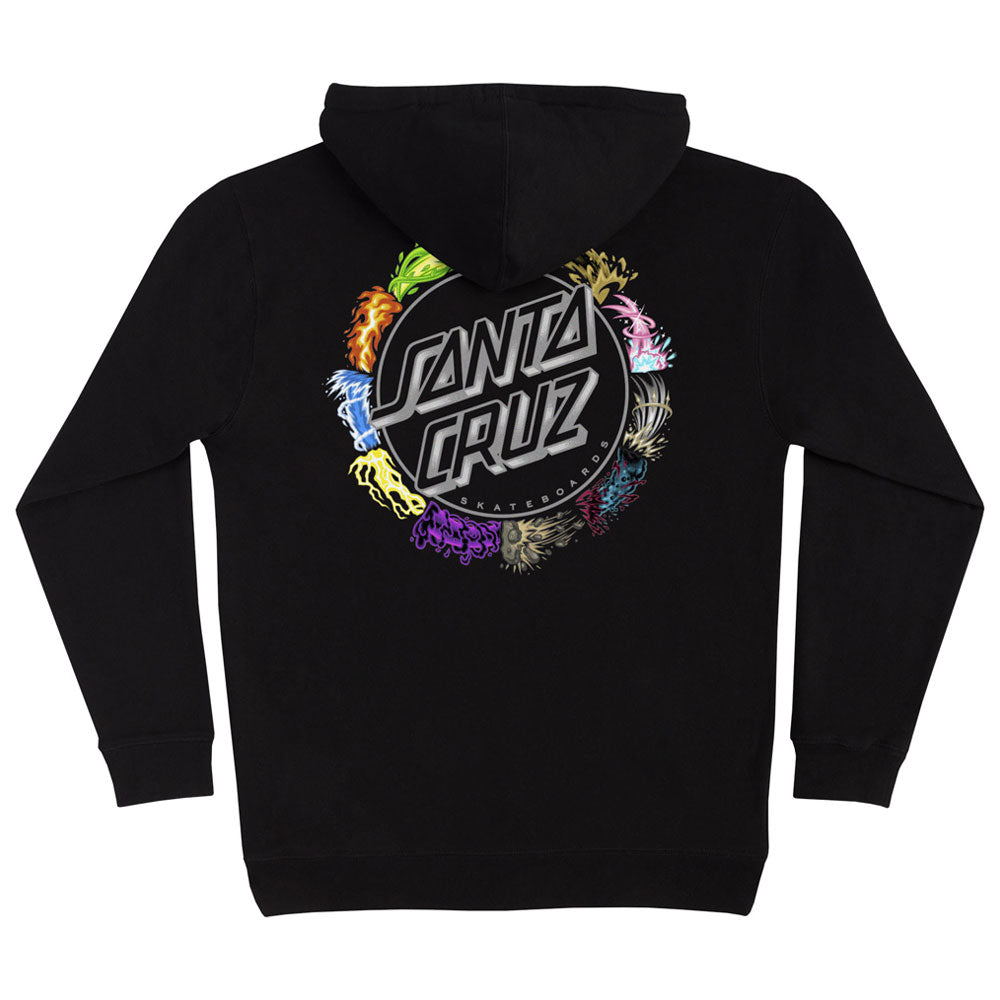 Back view of a black Pokemon Power Dot Pullover Hooded Midweight Sweatshirt Black Mens Santa Cruz, featuring a circular graphic with stylized text surrounded by colorful, abstract organic shapes.