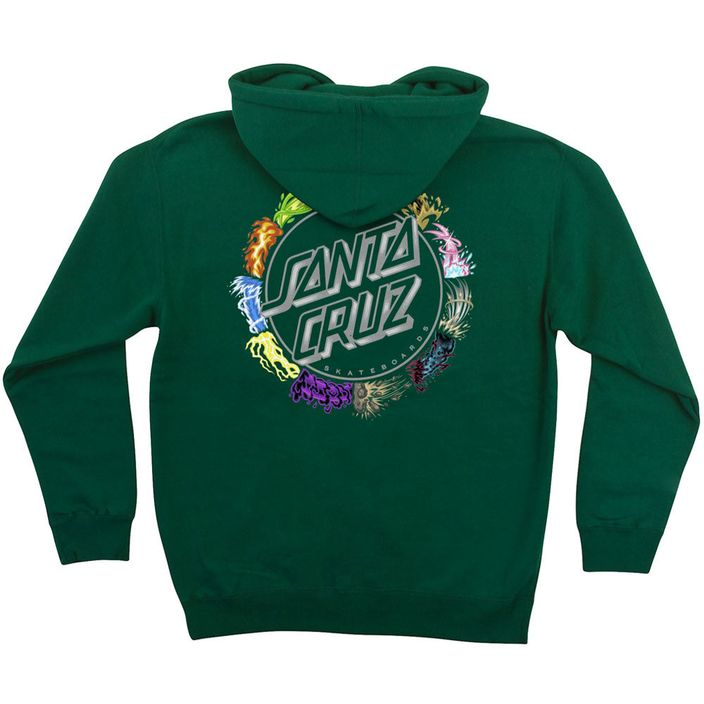 Dark green Pokemon Power Dot Pullover Hooded Midweight Sweatshirt Forest Mens Santa Cruz featuring a circular Pokémon TCG graphic on the back with the brand name surrounded by colorful, stylized illustrations of various Pokémon.