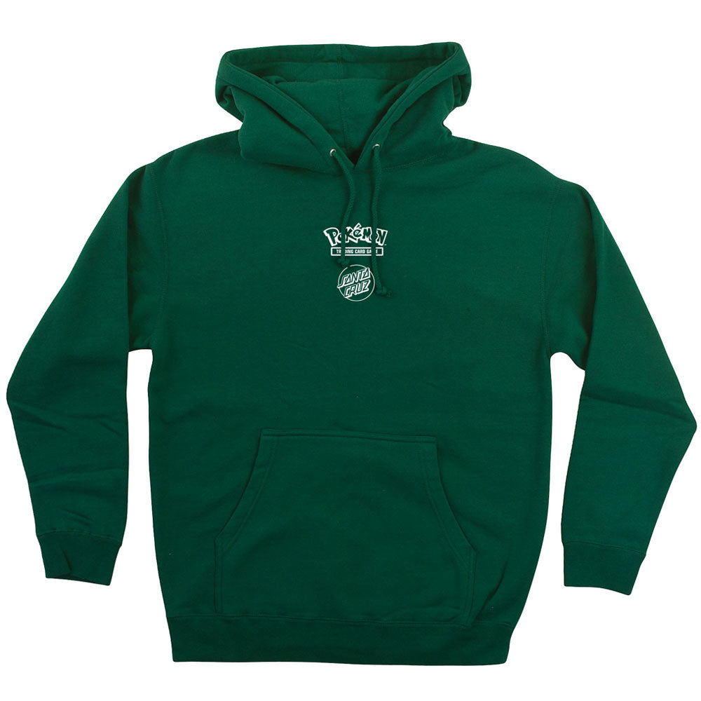 Forest green Santa Cruz Pokemon Power Dot Pullover Hooded Midweight Sweatshirt featuring Pokémon TCG and circular brand logos printed on the center chest.