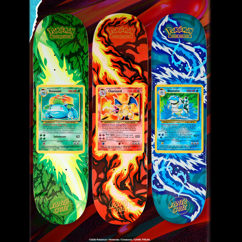 Three Pokemon TCG Blind Bag 8.0in x 31.6in Santa Cruz Decks, each featuring a classic trading card graphic of Venusaur, Charizard, or Blastoise surrounded by matching elemental flame designs.