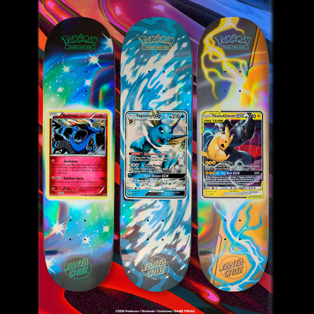 Three Pokemon TCG Blind Bag 8.0in x 31.6in Santa Cruz Decks featuring iridescent designs and large holographic-style illustrations of Xerneas, Vaporeon, and Pikachu & Zekrom Pokémon TCG cards.