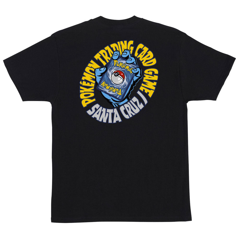 Black Pokemon TCG Hand S/S Heavyweight T-Shirt Black Mens Santa Cruz featuring a back graphic of a blue cartoon hand holding a Pokémon card inside a yellow circular border.
