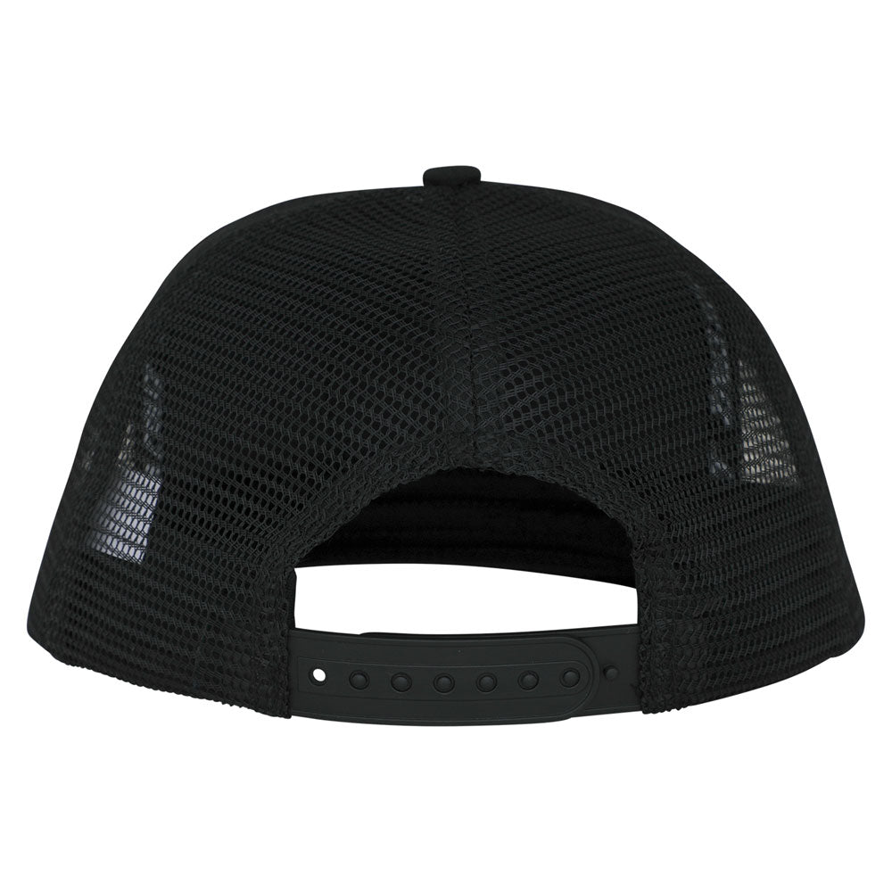 Back view of a black YOUTH Pokemon TCG Hand Mesh Trucker Structured Hat White Black One Size Youth Santa Cruz, featuring a mesh back and an adjustable snapback closure.