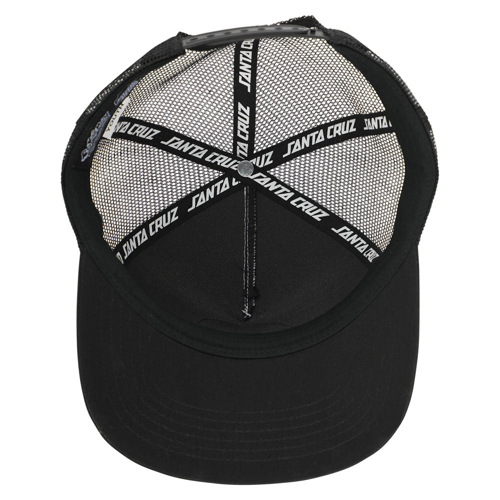 YOUTH Pokemon TCG Hand Mesh Trucker Structured Hat White Black One Size Youth Santa Cruz, a black and white mesh trucker hat with branded interior tape visible through the mesh panels.