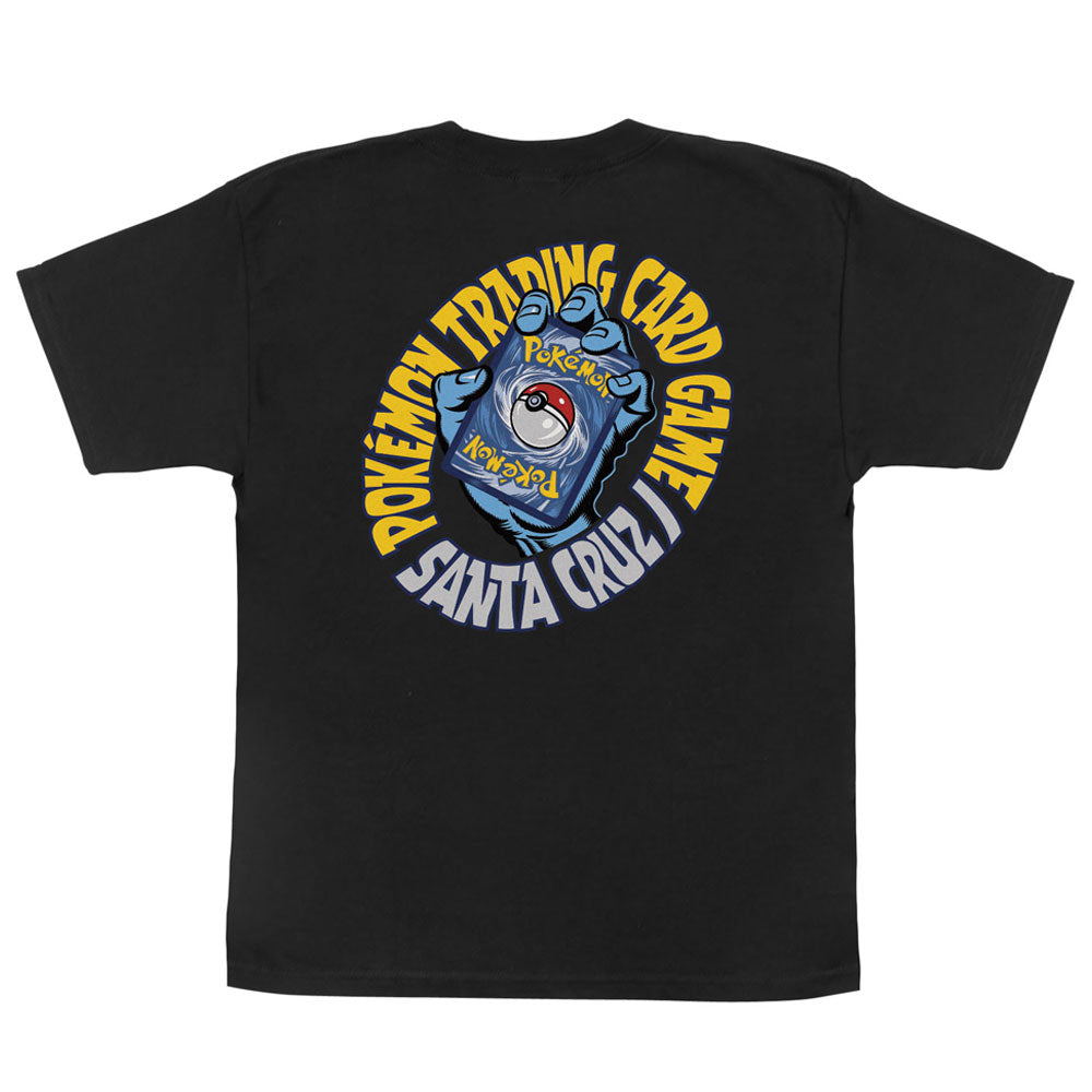 YOUTH Pokemon TCG Hand S/S Midweight T-Shirt Black Youth Santa Cruz featuring a back graphic of a hand holding a Pokémon trading card inside a yellow circular border that reads Pokémon Trading Card Game Santa Cruz.