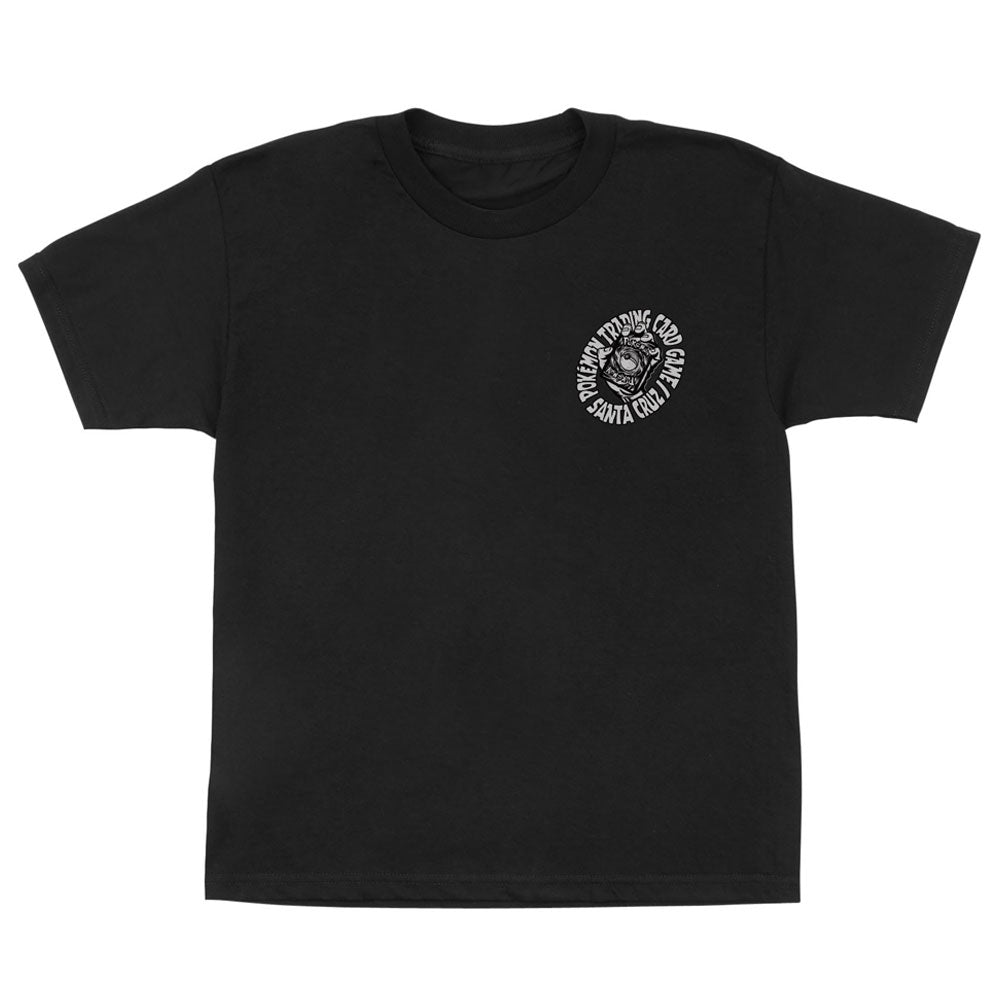 Black YOUTH Pokemon TCG Hand S/S Midweight T-Shirt Black Youth Santa Cruz featuring a circular graphic on the left chest with a stylized hand holding a card.
