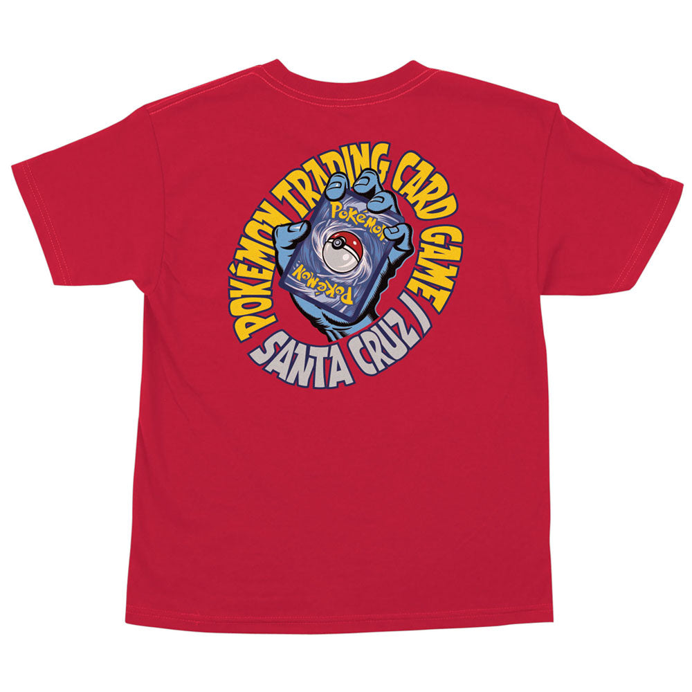 Red YOUTH Pokemon TCG Hand S/S Midweight T-Shirt Red Youth Santa Cruz featuring a back graphic of a hand holding a trading card inside a yellow circular border that reads Pokémon Trading Card Game Santa Cruz.