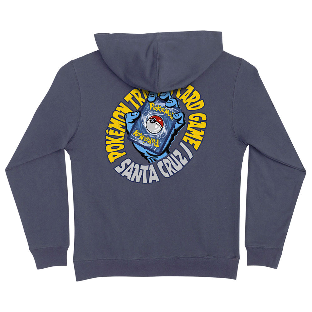 Back view of a YOUTH Pokemon TCG Hand Pullover Hooded Midweight Sweatshirt Storm Blue Youth Santa Cruz, featuring a graphic of a blue hand holding a Pokémon TCG card surrounded by text reading Pokémon Trading Card Game and Santa Cruz.