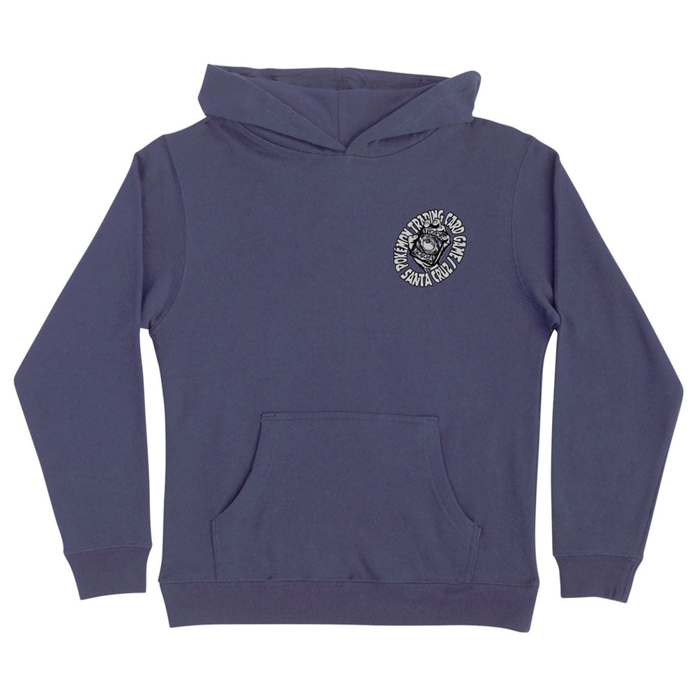 YOUTH Pokemon TCG Hand Pullover Hooded Midweight Sweatshirt Storm Blue Youth Santa Cruz, a blue pullover hooded sweatshirt featuring a circular chest graphic with a Poké Ball, Pokémon Trading Card Game branding, and Santa Cruz text.