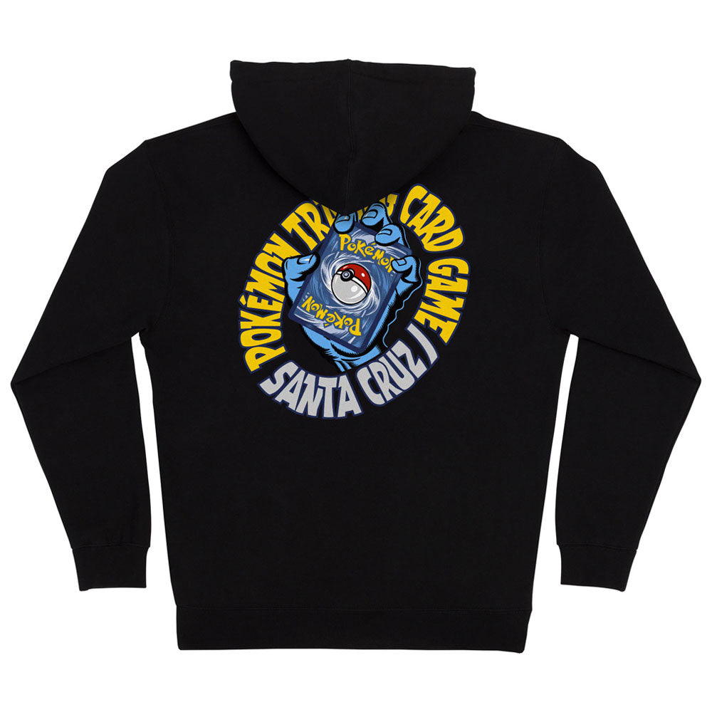 Black Pokemon TCG Hand Zip Hooded Heavyweight Sweatshirt Black Mens Santa Cruz featuring a circular graphic on the back with a Pokémon card at the center, surrounded by the text Pokémon Trading Card Game and Santa Cruz.