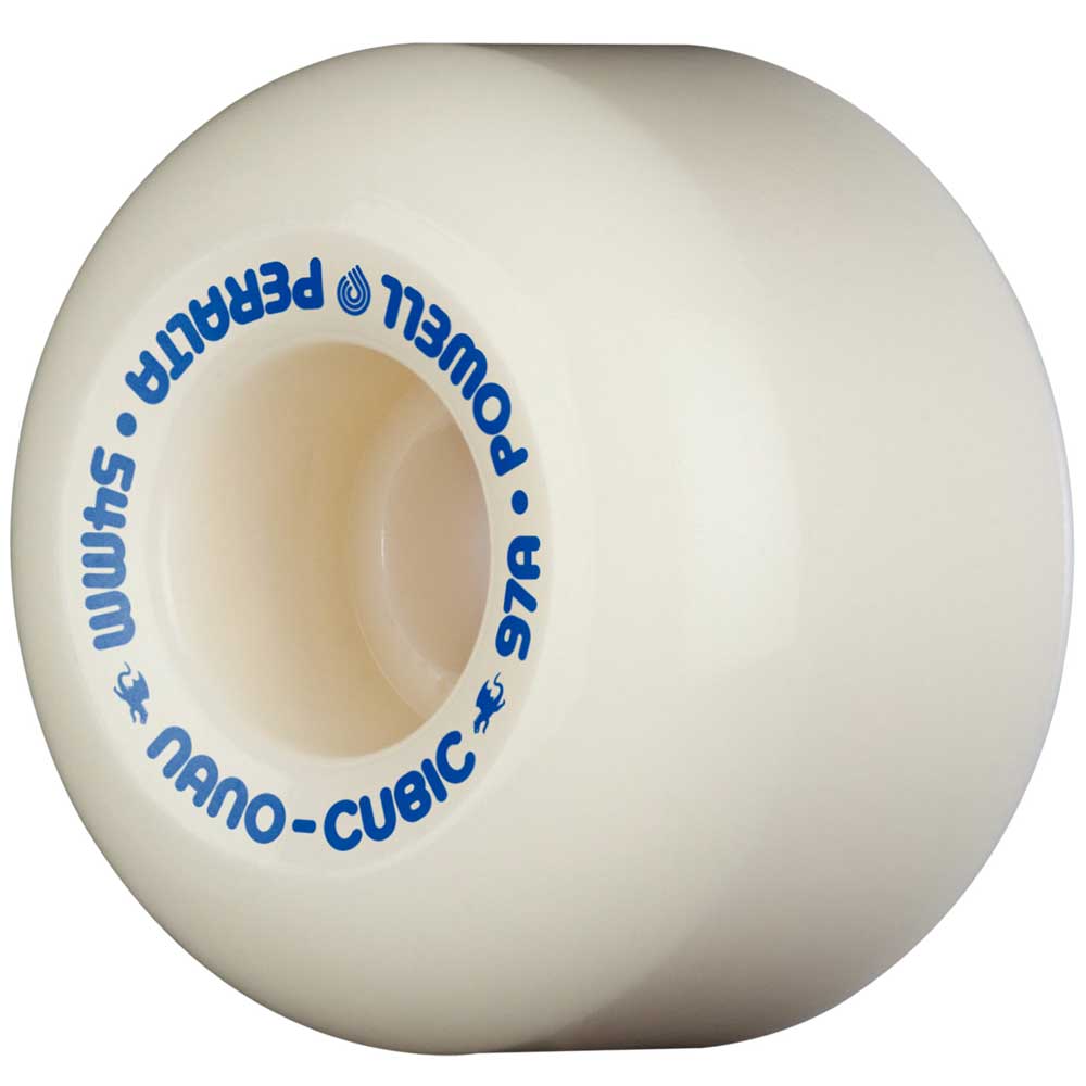 A close-up of a white Powell Peralta Andy Anderson Pro Nano-Cubic 97A skateboard wheel with blue text and an asymmetrical shape, featuring a medium ride patch, offset bearing, and measuring 54mm x 36mm.
