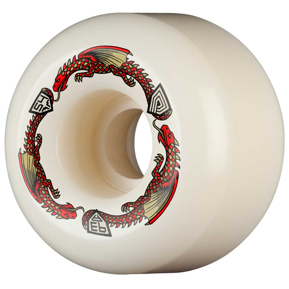 The Powell Peralta Dragons 93A skateboard wheel features a white finish, bold red and gold dragon art with geometric symbols, and a wide ride patch. Its 54mm x 39mm A2 symmetrical shape uses Dragon Formula for lasting performance.