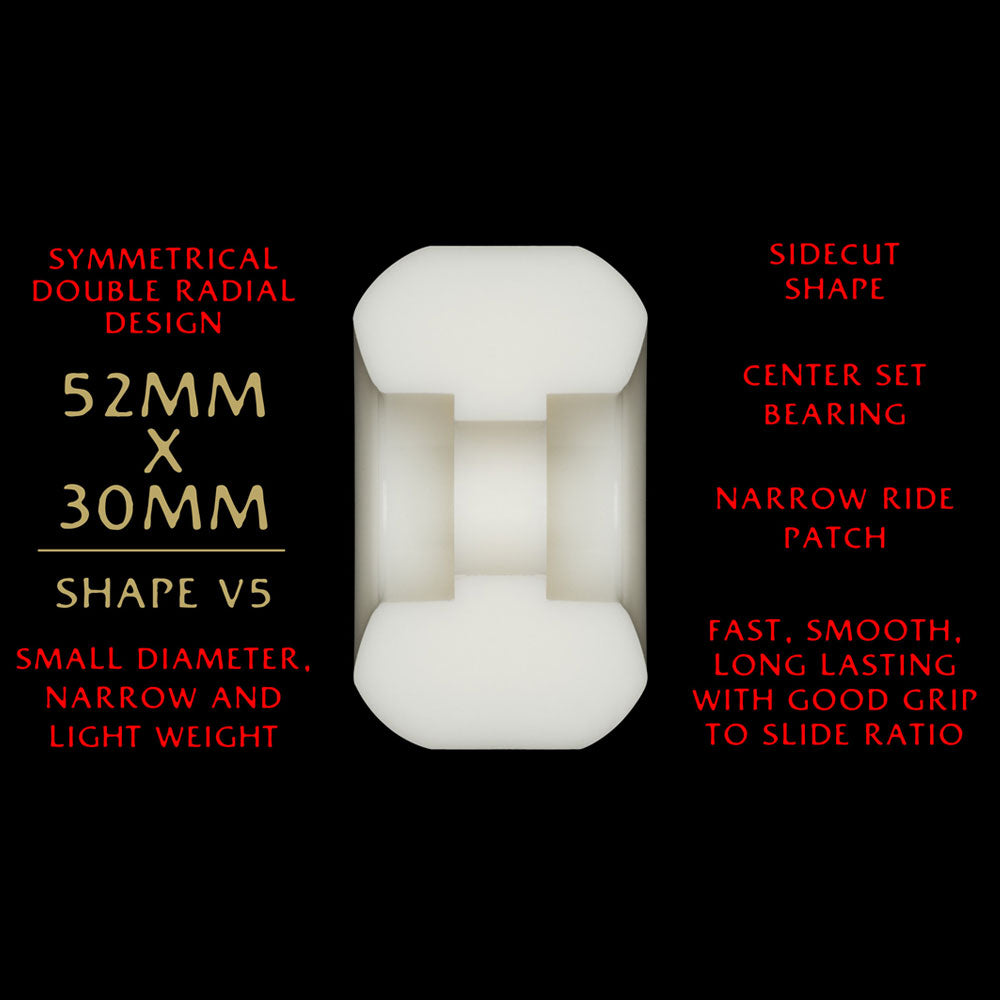 The Powell Peralta Dragons 93A V5 Skateboard Wheel is white with a symmetrical, narrow, and lightweight design, sidecut shape, center set bearing, and measures 52mm x 30mm (93A durometer).