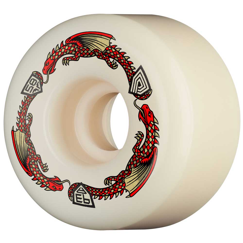 The Powell Peralta Dragons 93A V7 Symmetrical Shape Medium Ride Patch 58mmx38mm Skateboard Wheels feature a white base with a striking red and gold dragon design wrapping around the wheel in a circular pattern. The artwork incorporates geometric accents and stylized details, reflecting the iconic artistry of Powell Peralta Dragon Formula wheels.
