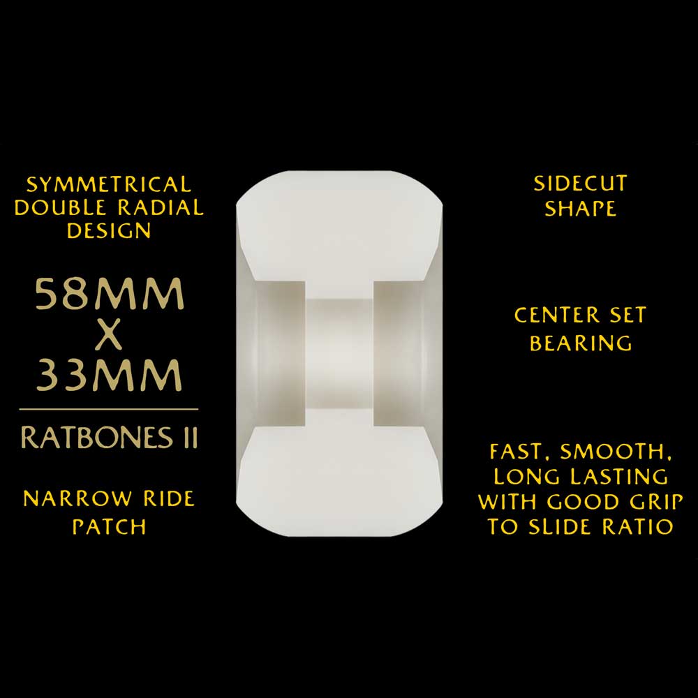 The Powell Peralta Dragons 95A Ratbone II Skateboard Wheels feature a symmetrical shape, narrow ride patch, sidecut, center set bearing, and measure 58mm x 33mm. These white wheels are fast, smooth, durable, and provide good grip.