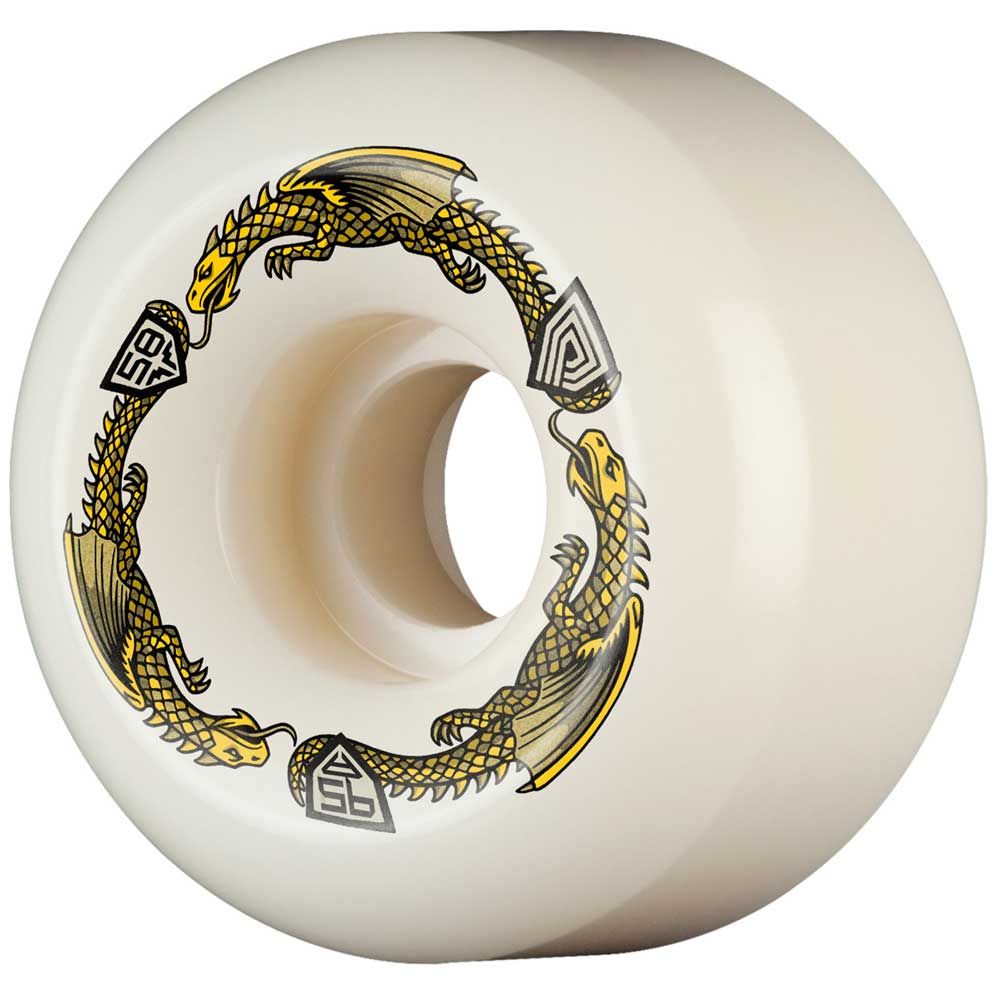 The Powell Peralta Dragons 95A Ratbone II skateboard wheel (58mm x 33mm), part of the Dragon Formula series, features a white finish with two yellow dragons circling the center, in a symmetrical shape and narrow ride patch design.