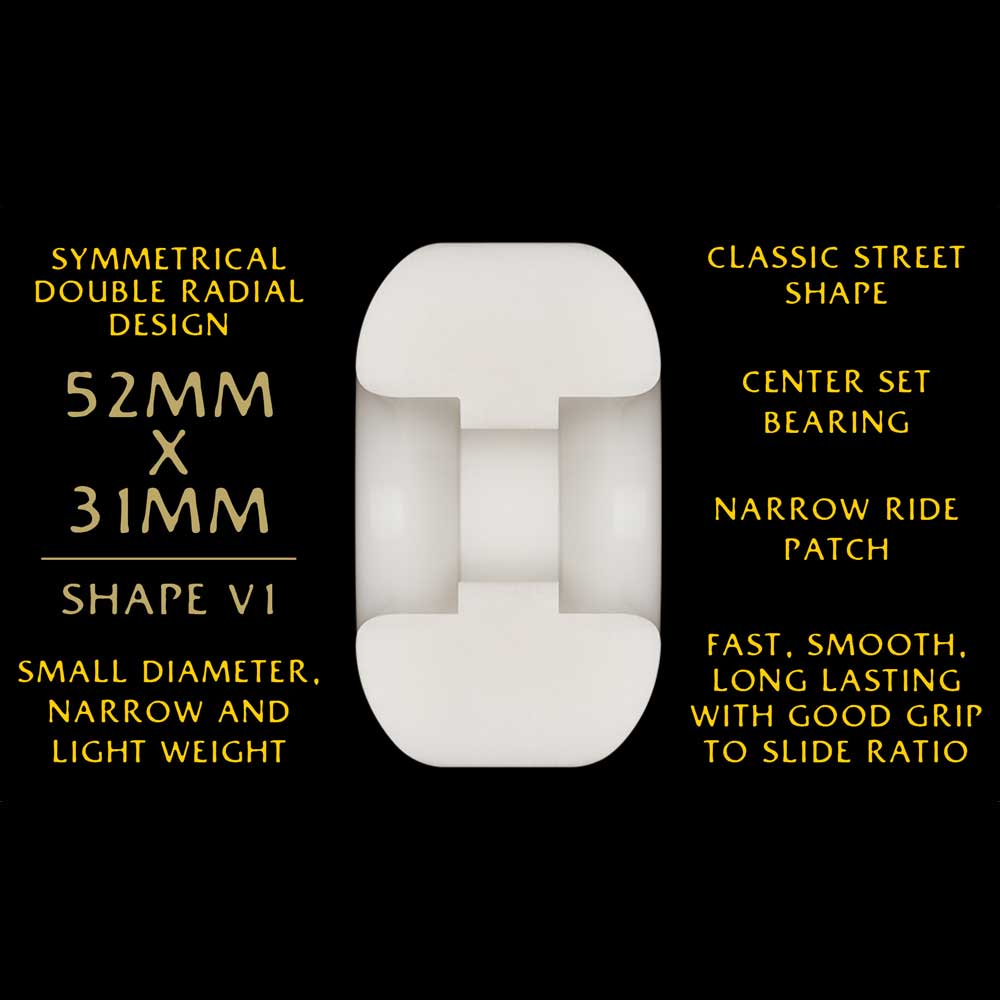 The Powell Peralta Dragons 95A - V1 Symmetrical Shape skateboard wheels feature a narrow ride patch, classic street shape, lightweight white design, 52mm x 31mm size, center set bearing, and are fast, smooth, durable, and grippy.