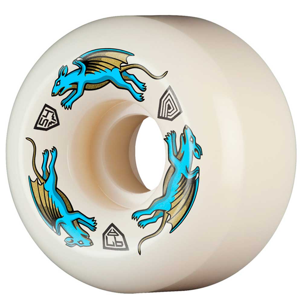 The Powell Peralta Dragons 97A Nano Rats Skateboard Wheels (54mm x 34mm) feature two blue winged rat graphics and three black geometric symbols, designed for high rebound performance with AV6 symmetrical shape and medium ride patch.