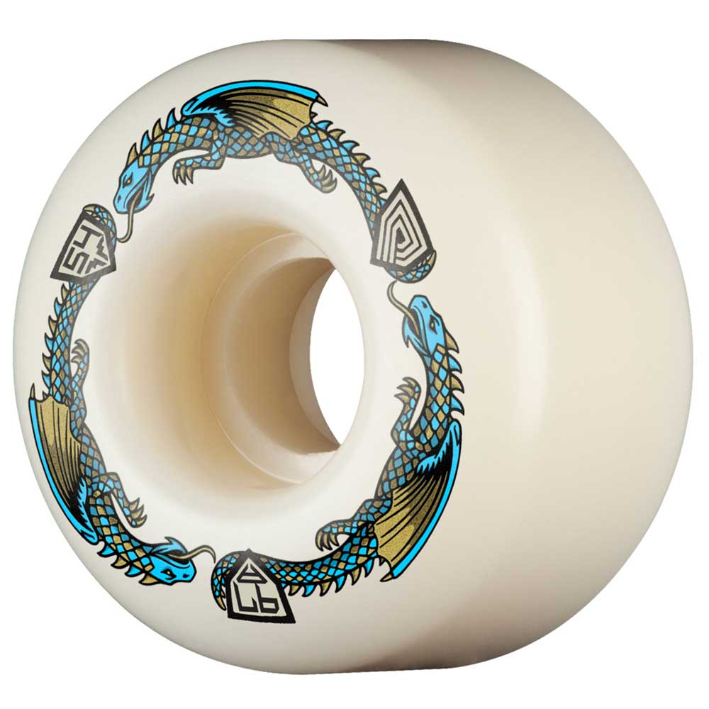 The Powell Peralta Dragons 97A V4 Skateboard Wheel (54mm x 34mm) showcases blue and gold dragon artwork with geometric symbols, offering symmetrical shape and medium ride—perfect for rough terrain.